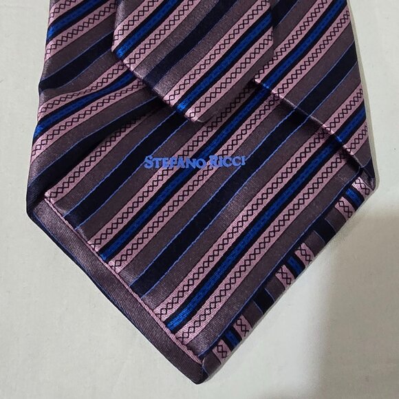 Stefano Ricci Luxury Collection Italy 100% Silk Necktie Pink Blue Striped 4"x60" - Picture 5 of 5
